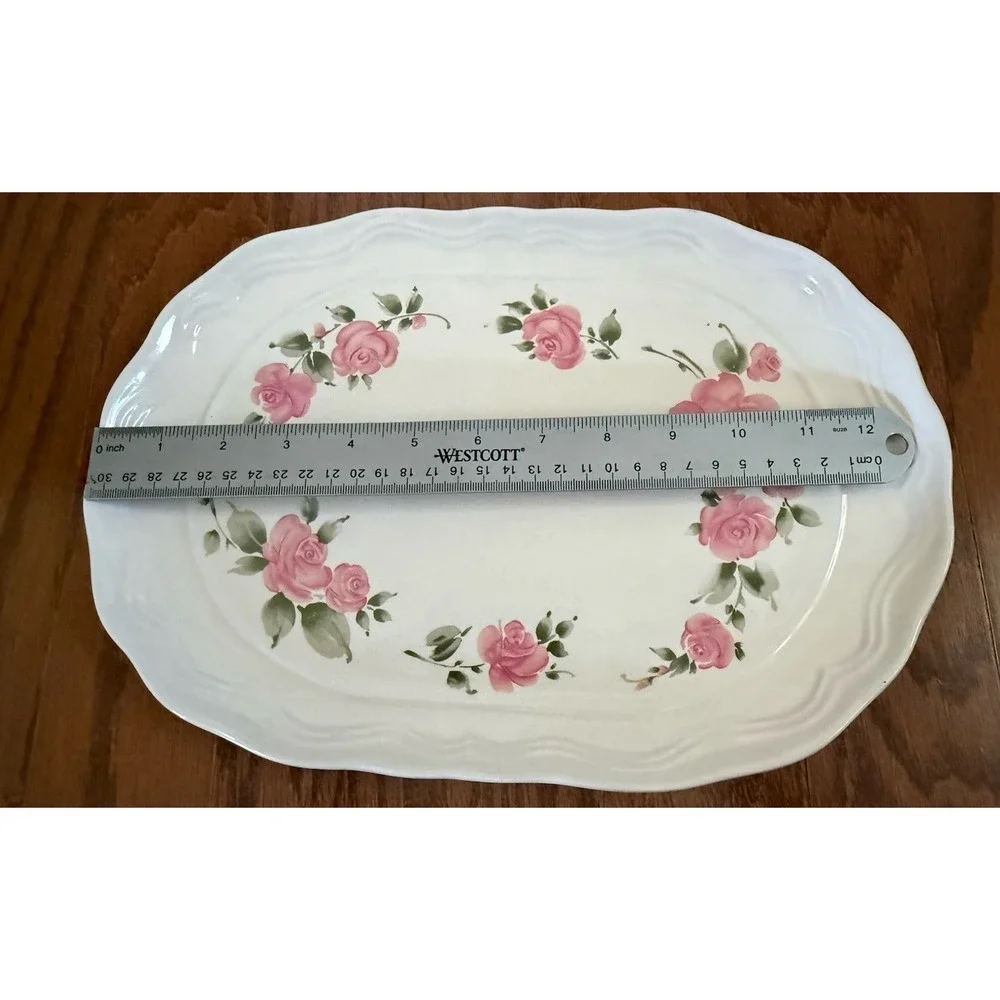 Vintage Gibson Roseland Stoneware Oval  Platter White Pink Floral 13" - Picture 5 of 6